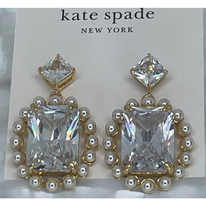 Kate Spade Faux Pearl Victoria Drop Halo Earrings Gold Tone CZ Chic Trendy Style