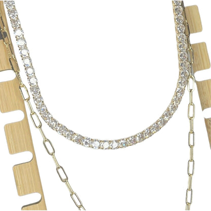 18K Gold Plated CZ Diamond Accent Tennis Necklace Layered Trendy Glitzy Stunning