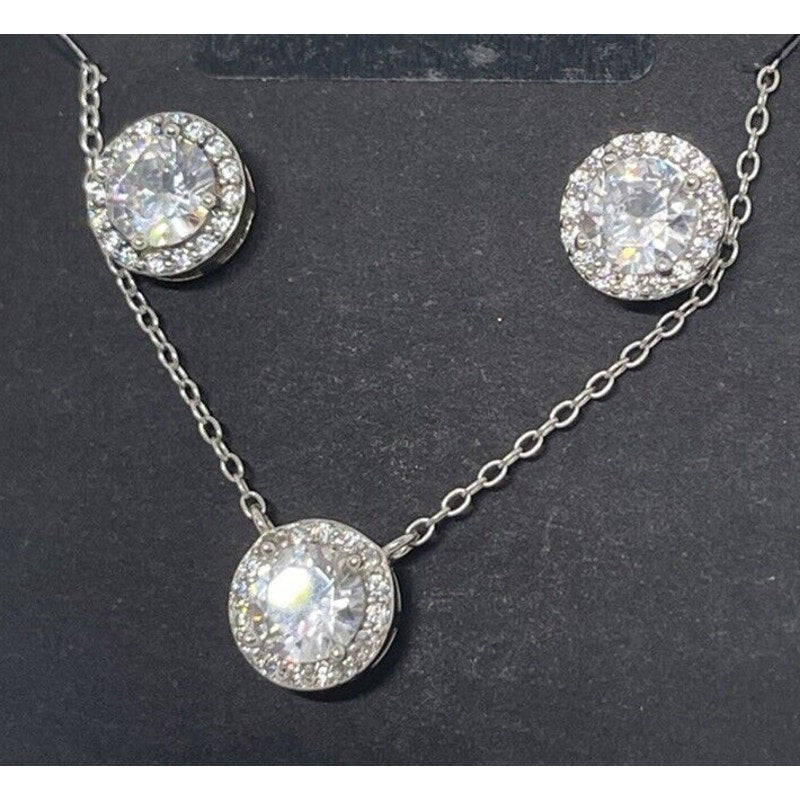 Sterling Silver CZ Necklace Earrings (2pc Set) Chic Glitz Trendy Stylish Vday