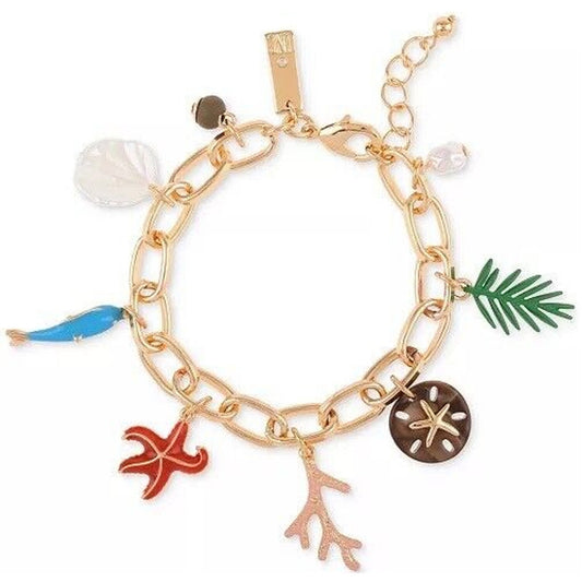 Gold Tone Sea Life Charm Bracelet Starfish Shells Fish Coral Sand Dollar Ocean