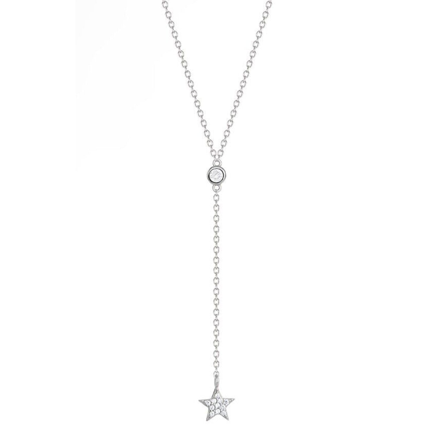 Sterling Silver CZ Chain Drop Necklace Star Pendant Chic Shiny Style Trendy NWT