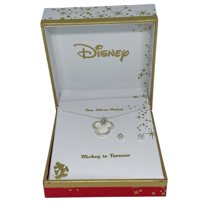 Disney Silver Plated Faux Pearl Necklace Earrings (2pc Set) Mickey Ears NWT Vday