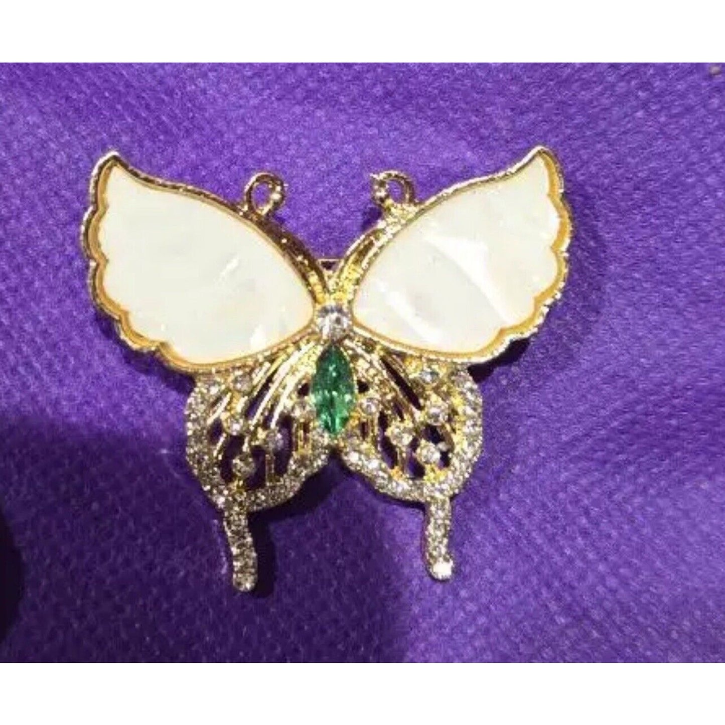 Gold Tone Faux Mother Of Pearl Butterfly Brooch Pin Crystal Chic Style Stunning