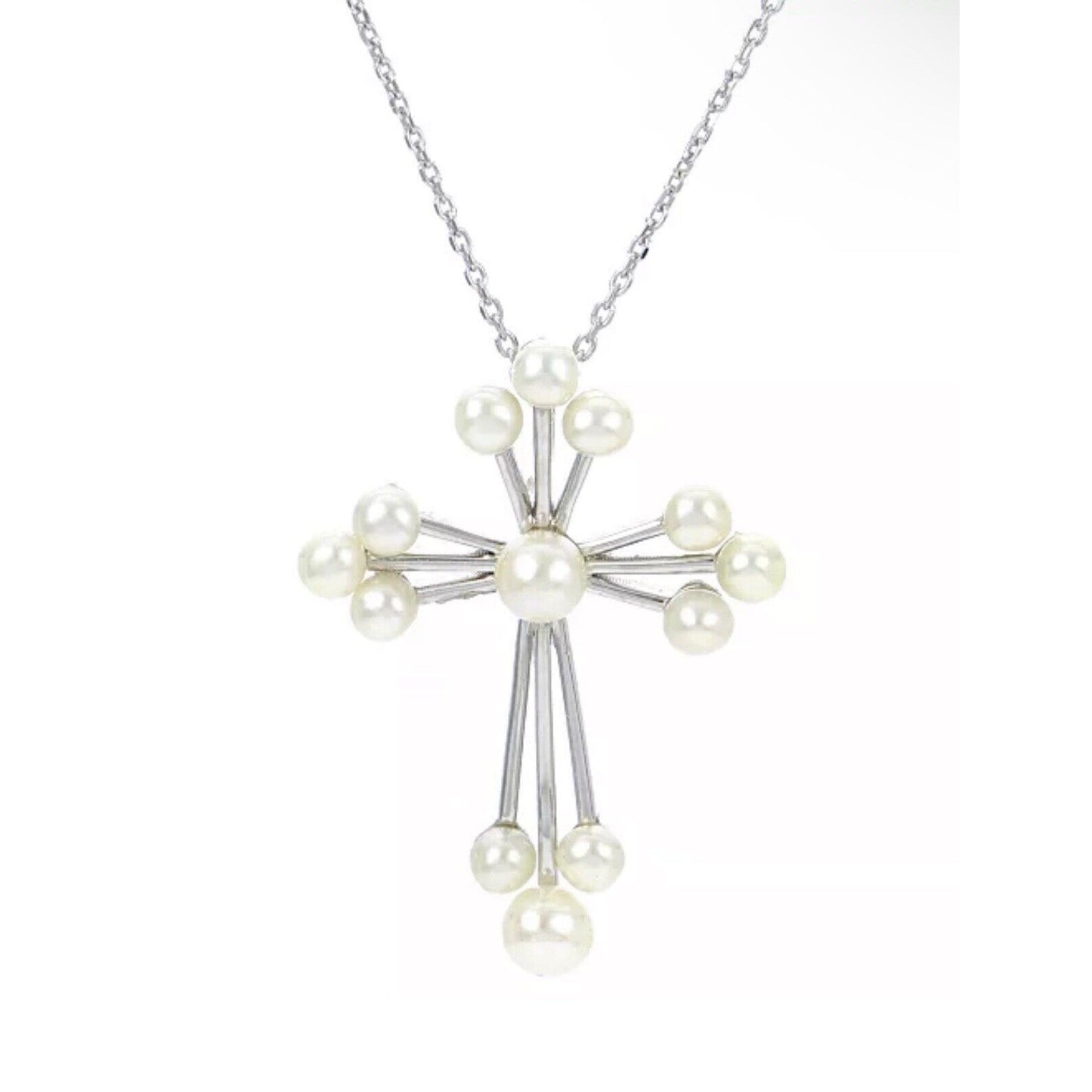 Pearl (3-4.5mm) Sterling Silver Cross Pendant Necklace Luxury Stunning Intricate