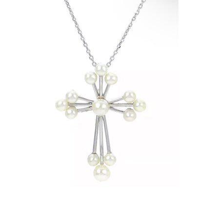 Pearl (3-4.5mm) Sterling Silver Cross Pendant Necklace Luxury Stunning Intricate