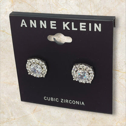 Anne Klein Silver Tone Elevated CZ Stud Earrings Stunning Shiny Glitz Style NWT