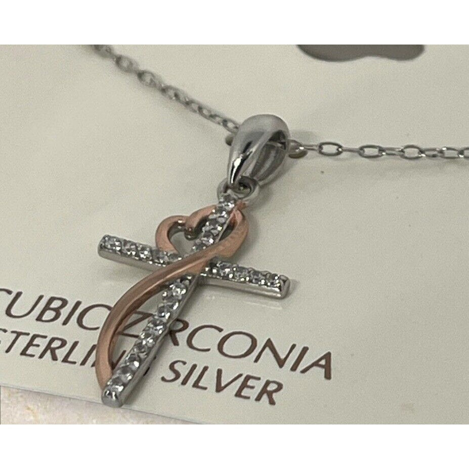 Two Tone Sterling Silver Cross Heart Pendant Necklace CZ Faith Fashion NWT Vday