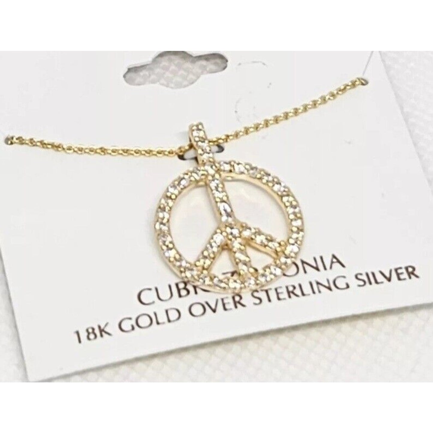 18K Gold Vermeil Peace Pendant Necklace CZ Glitz Shiny Fashion Stylish Chic NWT