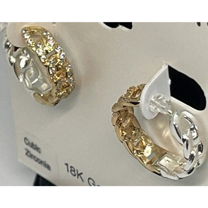 18K Gold Plated Chain Hoop CZ Earrings Style Shiny Fashion Two Tone Elegant NWT