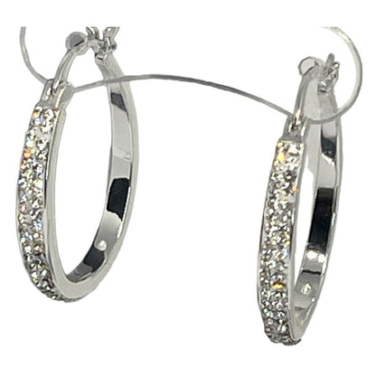 Silver Plated Pave Crystal Hoop Earrings Stunning Fashion Glitz Stylish Elegant