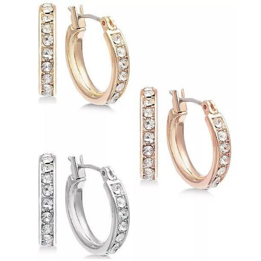 Tri-Tone Crystal Hoop Earrings (3pc Set) Trendy Stylish Fashion Elegant Chic NWT