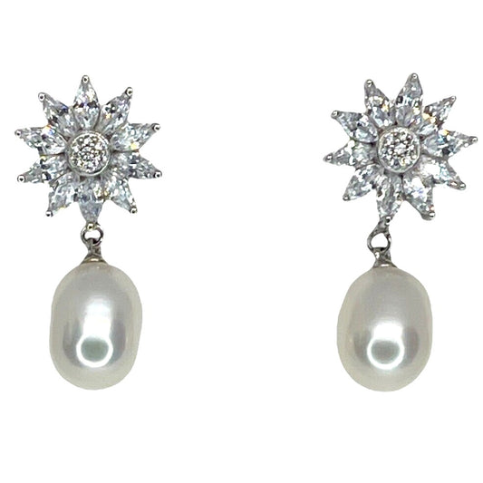 Pearl (9mm) Sterling Silver Flower Drop Earrings Stunning Luxury Trendy Stylish