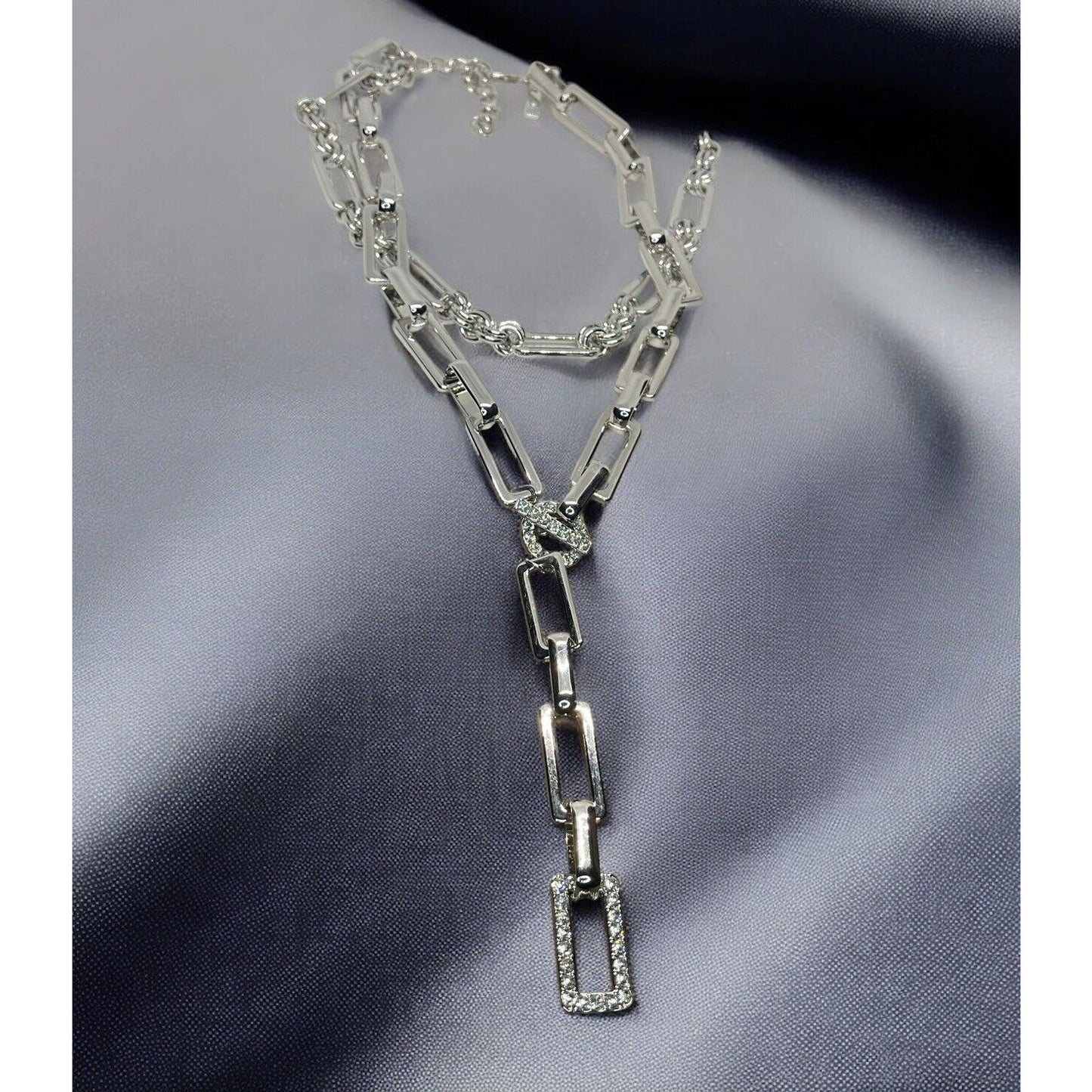 Silver Tone Crystal Chain Drop Necklace Stunning Statement Trendy Fashion Shiny