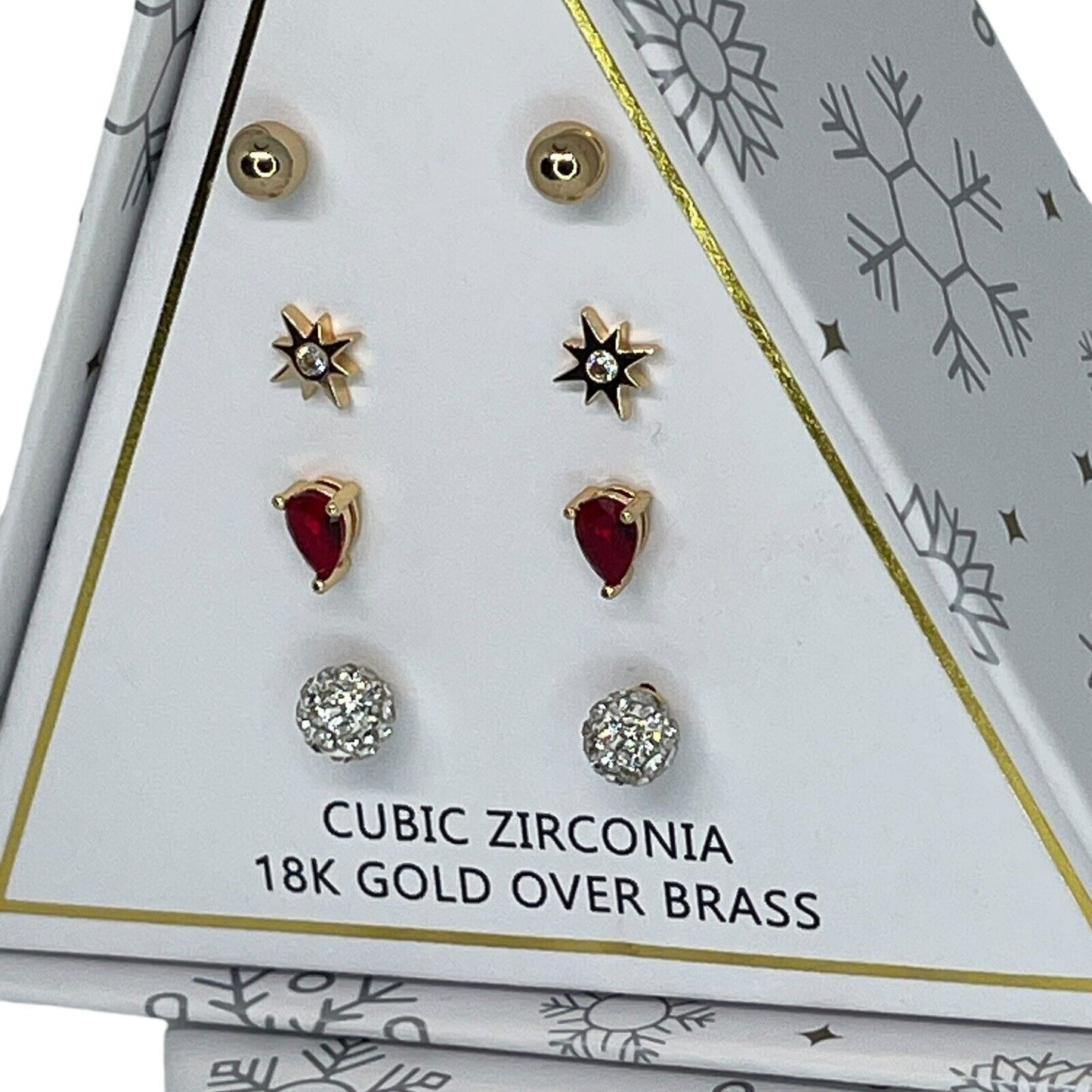 18K Gold Plate CZ Earrings 4pc Set Stunning Xmas Ornament Box Chic Christmas NWT