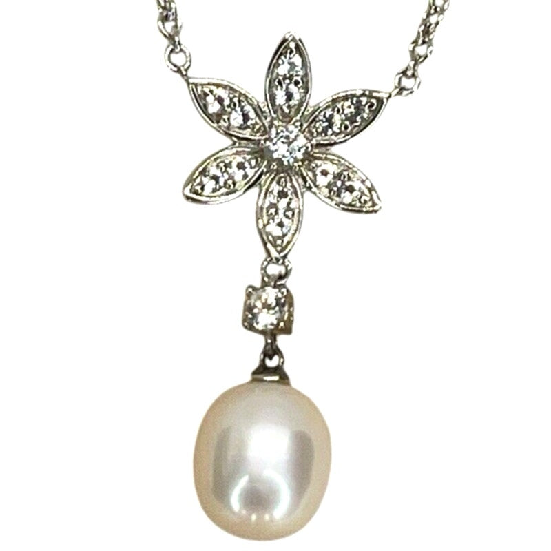 Pearl (8mm) Natural Topaz Flower Pendant Necklace Sterling Silver Luxury Trendy