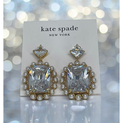 Kate Spade Faux Pearl Victoria Drop Halo Earrings Gold Tone CZ Chic Trendy Style