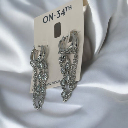 Silver Tone CZ Chain Drop Earrings Statement Chic Stunning Trendy Fashion Style