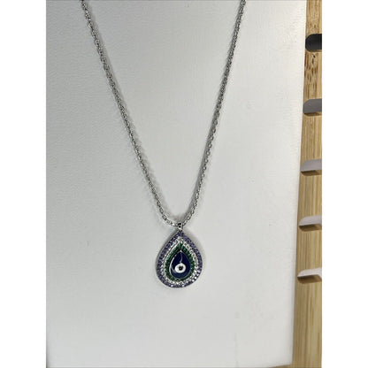 Silver Plated CZ Evil Eye Necklace Intricate Teardrop Style Trendy Stunning Chic