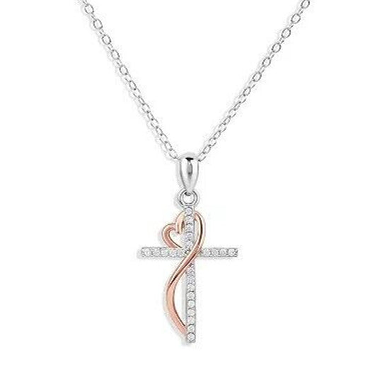 Two Tone Sterling Silver Cross Heart Pendant Necklace CZ Faith Fashion NWT Vday