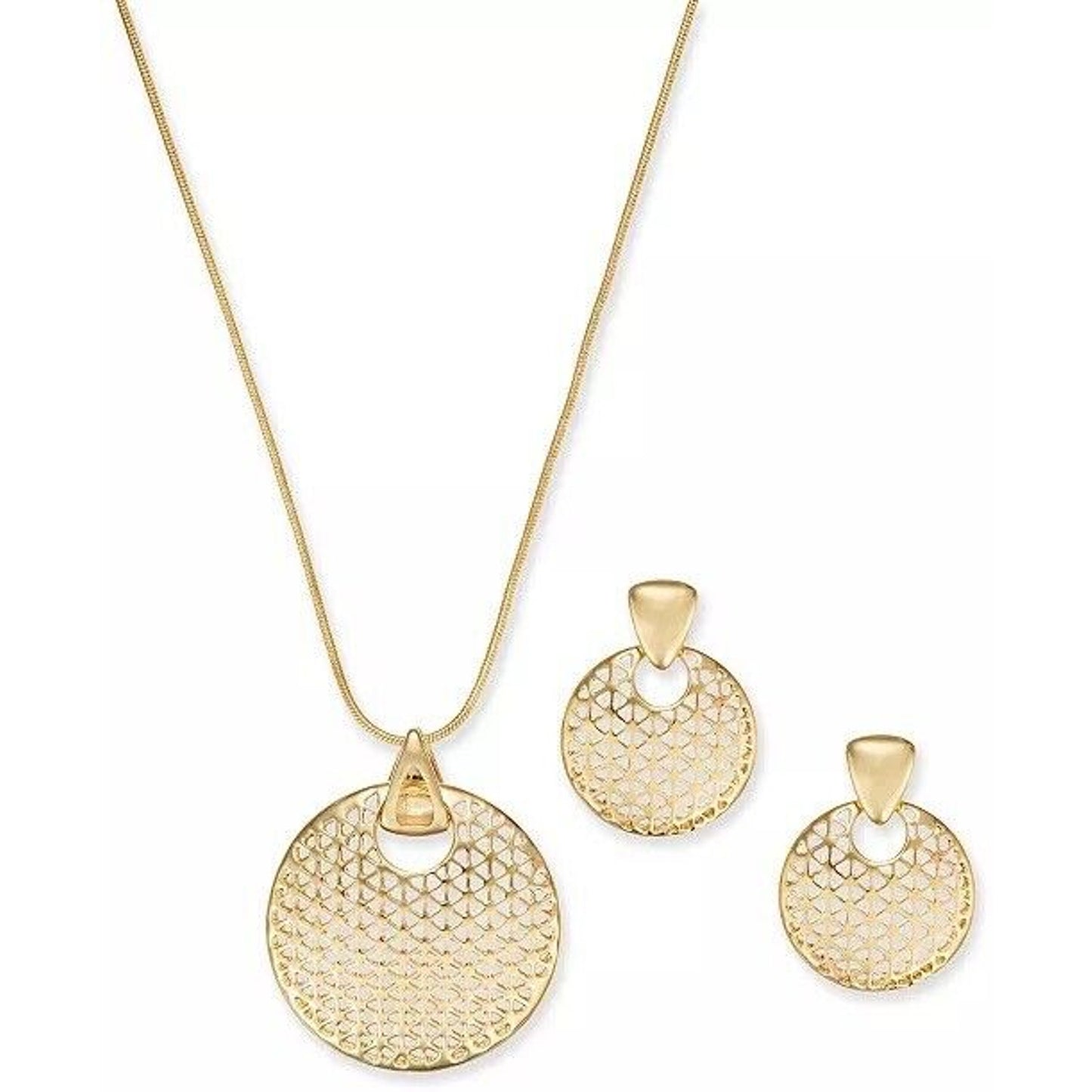 Gold Tone Disc Drop Pendant Necklace Earrings (2pc Set) Textured Statement Chic