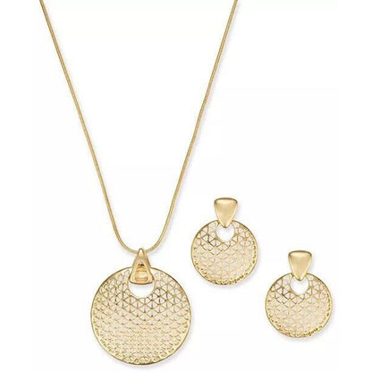 Gold Tone Disc Drop Pendant Necklace Earrings (2pc Set) Textured Statement Chic