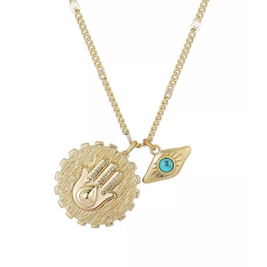 Unwritten 14K Gold Plated Evil Eye Pendant Necklace Hamza Coin Chic Trendy NWT