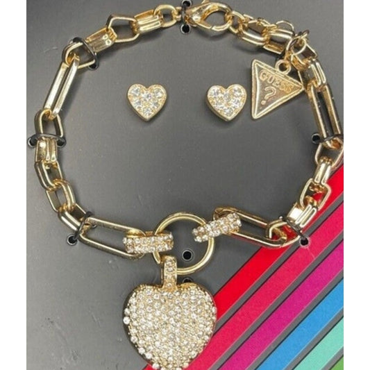 Guess Gold Tone Heart Charm Bracelet Earrings (3pc Set) Travel Case Trendy Vday