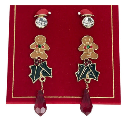 Gold Tone Xmas Crystal Earrings 3pc Set Gingerbread Man Santa Christmas Holidays