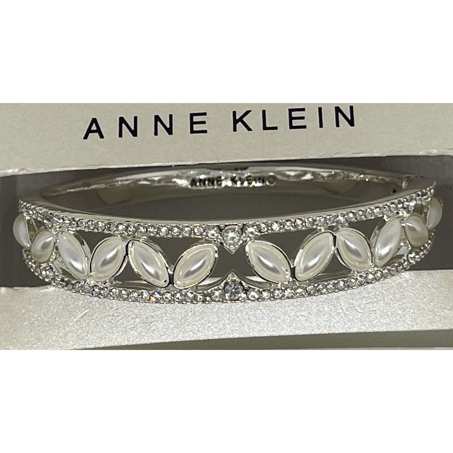 Anne Klein Silver Tone Faux Pearl Crystal Bangle Bracelet Open Work Elegant Chic