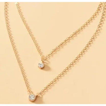 18K Gold Plate Solitaire Crystal Necklace Layered Chic Stunning Trendy Fashion