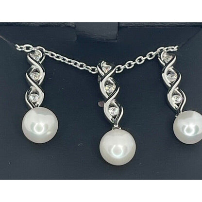 Sterling Silver Pearl (7mm) Necklace Earrings (2pc Set) CZ Trendy Luxury Vday