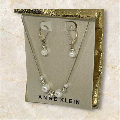 Anne Klein Intricate Faux Pearl Necklace Earrings 2 Pc Set Crystal Gold Tone NWT