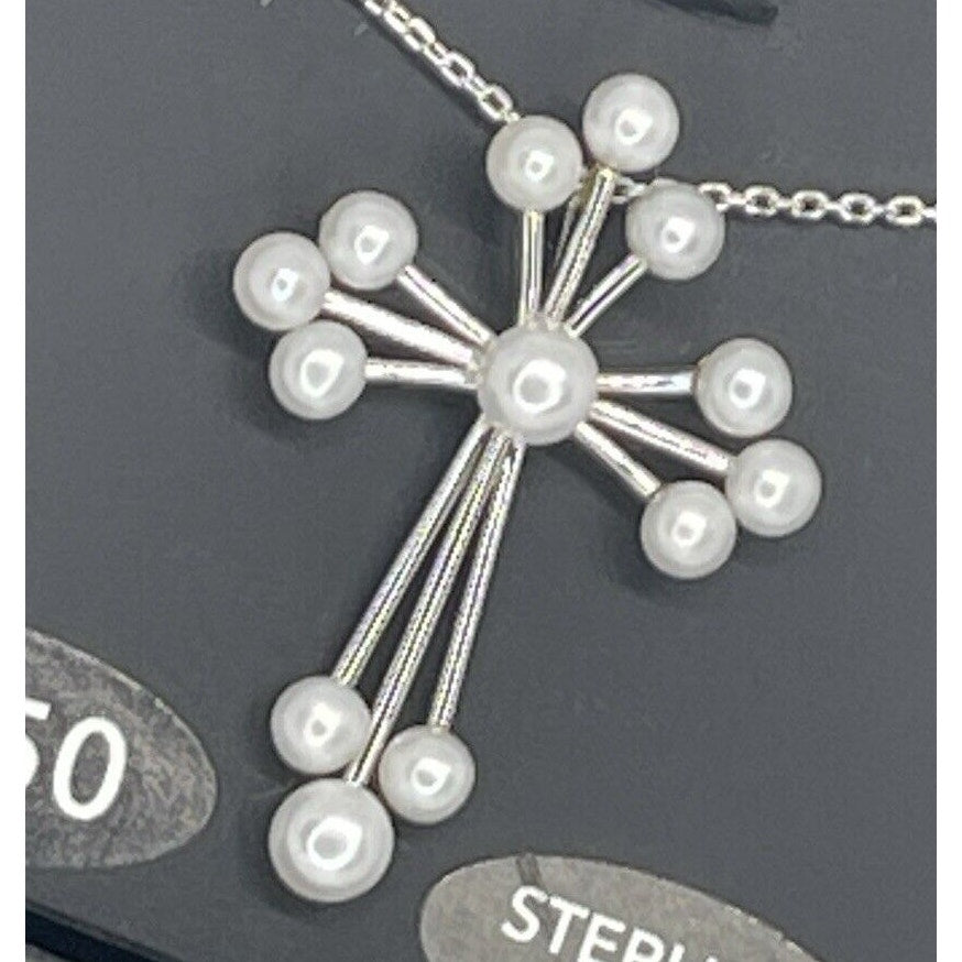 Pearl (3-4.5mm) Sterling Silver Cross Pendant Necklace Luxury Stunning Intricate