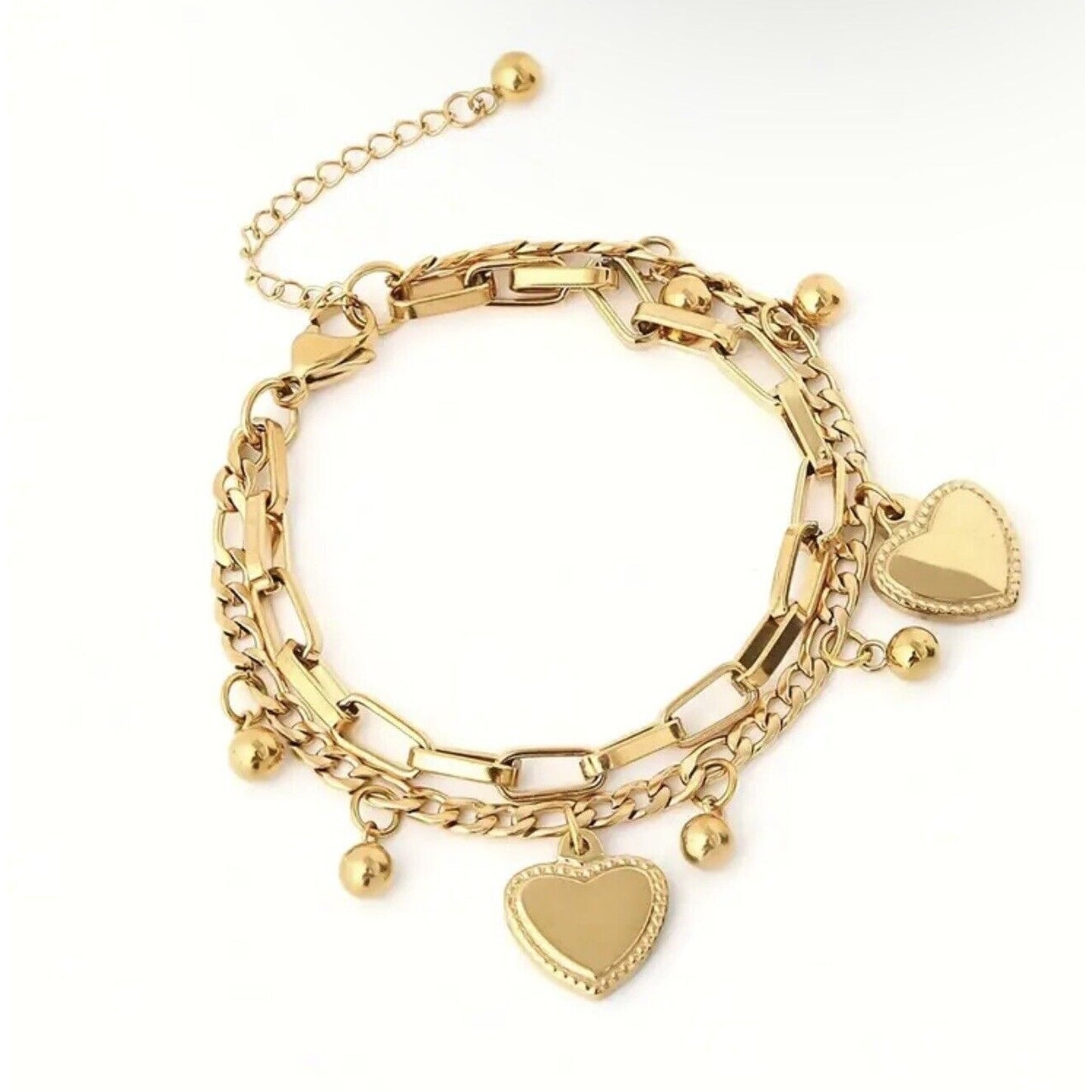 Gold Tone Layered Heart Charm Bracelet Chic Stylish Fashion Elegant Shiny NWT