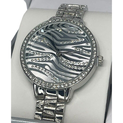 Silver Tone Crystal Bracelet Watch Zebra Print Stunning Chic Trendy Fashion Vday