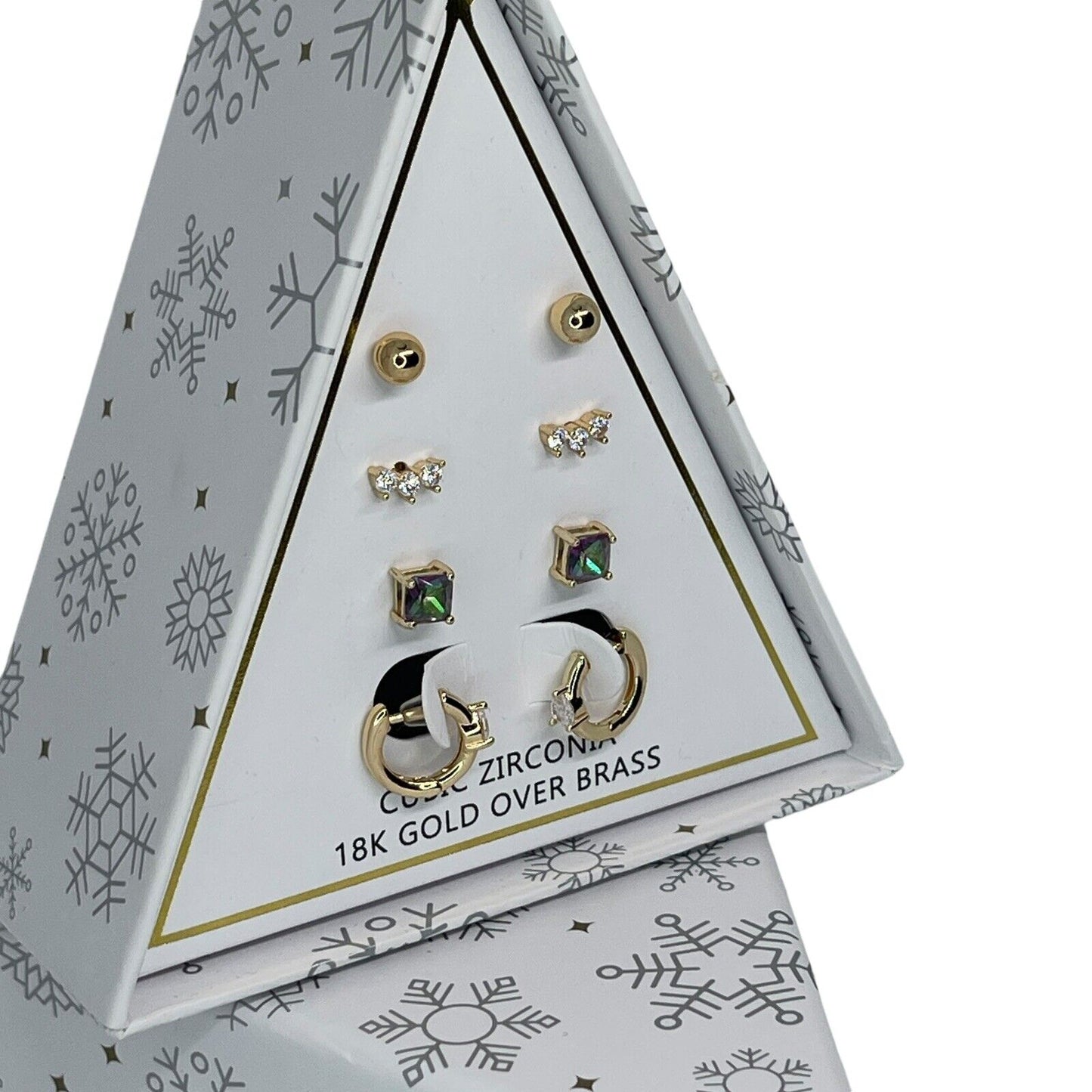 18K Gold Plate CZ Earrings 4pc Set Chic Xmas Ornament Box Fashion Stunning NWT