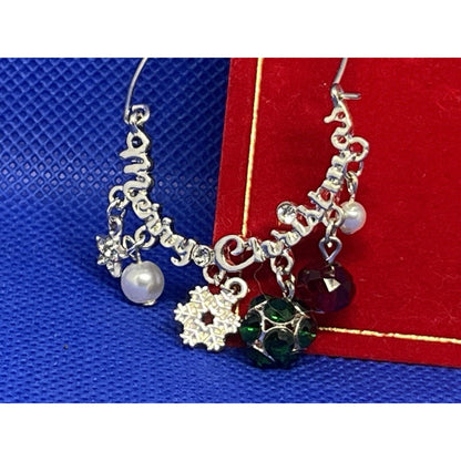 Silver Tone Crystal Xmas Earrings Faux Pearl Merry Christmas Holidays Snowflake