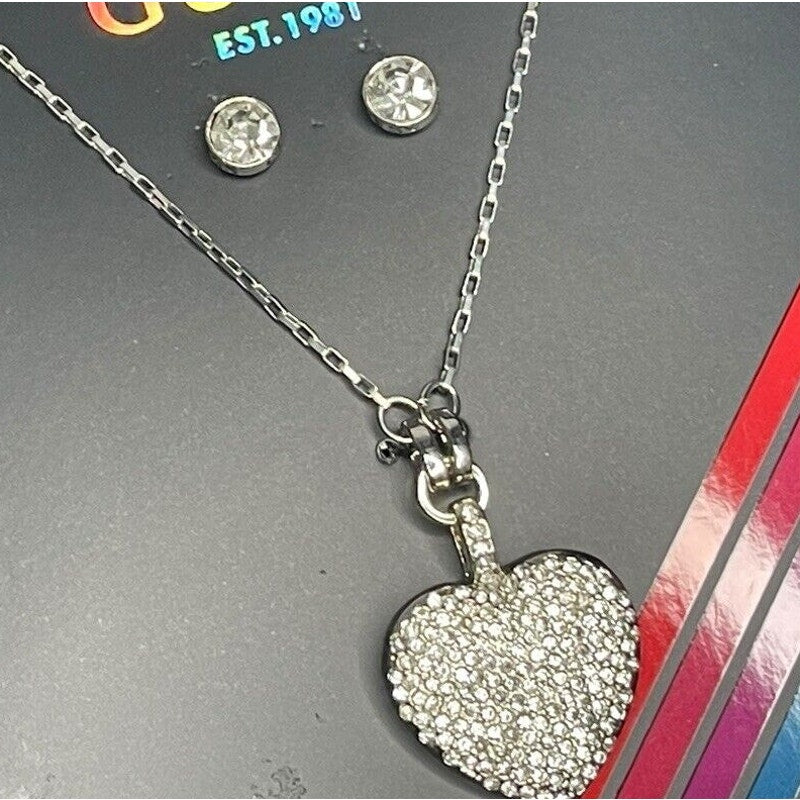 Guess Silver Tone Heart Charm Necklace Earrings (3pc Set) Chic Trendy Style Vday