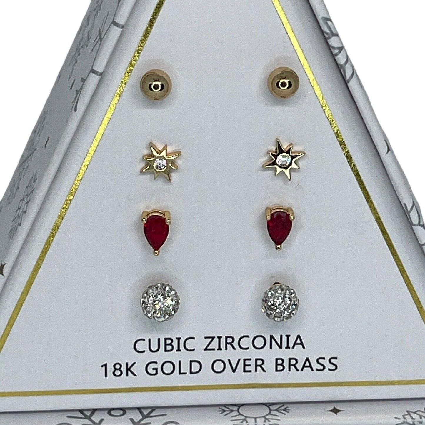 18K Gold Plate CZ Earrings 4pc Set Stunning Xmas Ornament Box Chic Christmas NWT