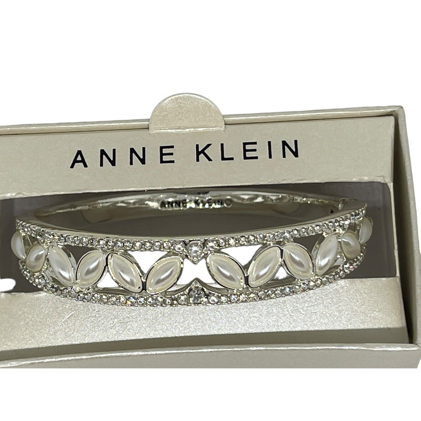 Anne Klein Silver Tone Faux Pearl Crystal Bangle Bracelet Open Work Elegant Chic