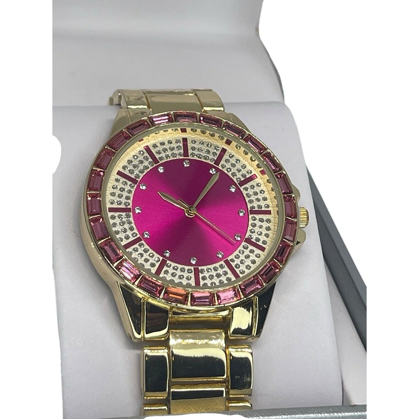 Gold Tone Baguette Crystal Bracelet Watch Stunning Elegant Glitzy Fashion Vday