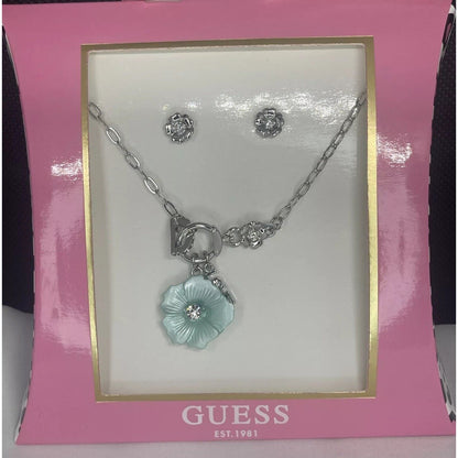 Guess Silver Tone Crystal Floral Necklace Earrings (2pc Set) Trendy Fashion Vday