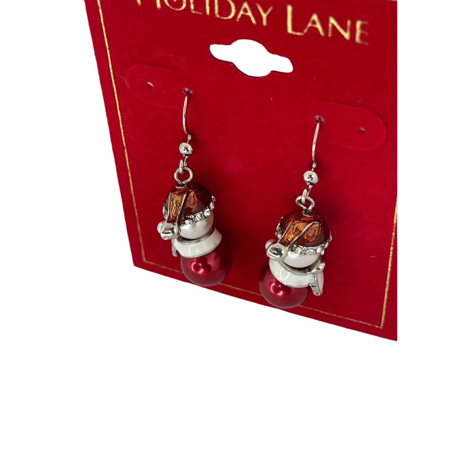 Gold Tone Faux Pearl Xmas Snowman Earrings Crystal Stunning Holidays Christmas