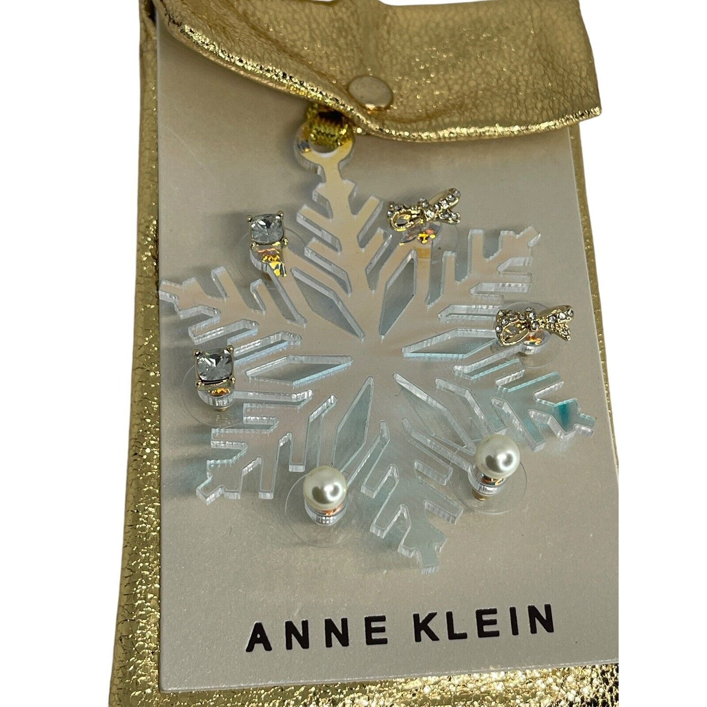 Anne Klein Xmas Gold Tone Earrings 3pc Set Snowflake Ornament Faux Pearl Bow NWT