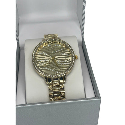 Gold Tone Crystal Bracelet Watch Women's Trendy Fashion Textured Style Chic Vday