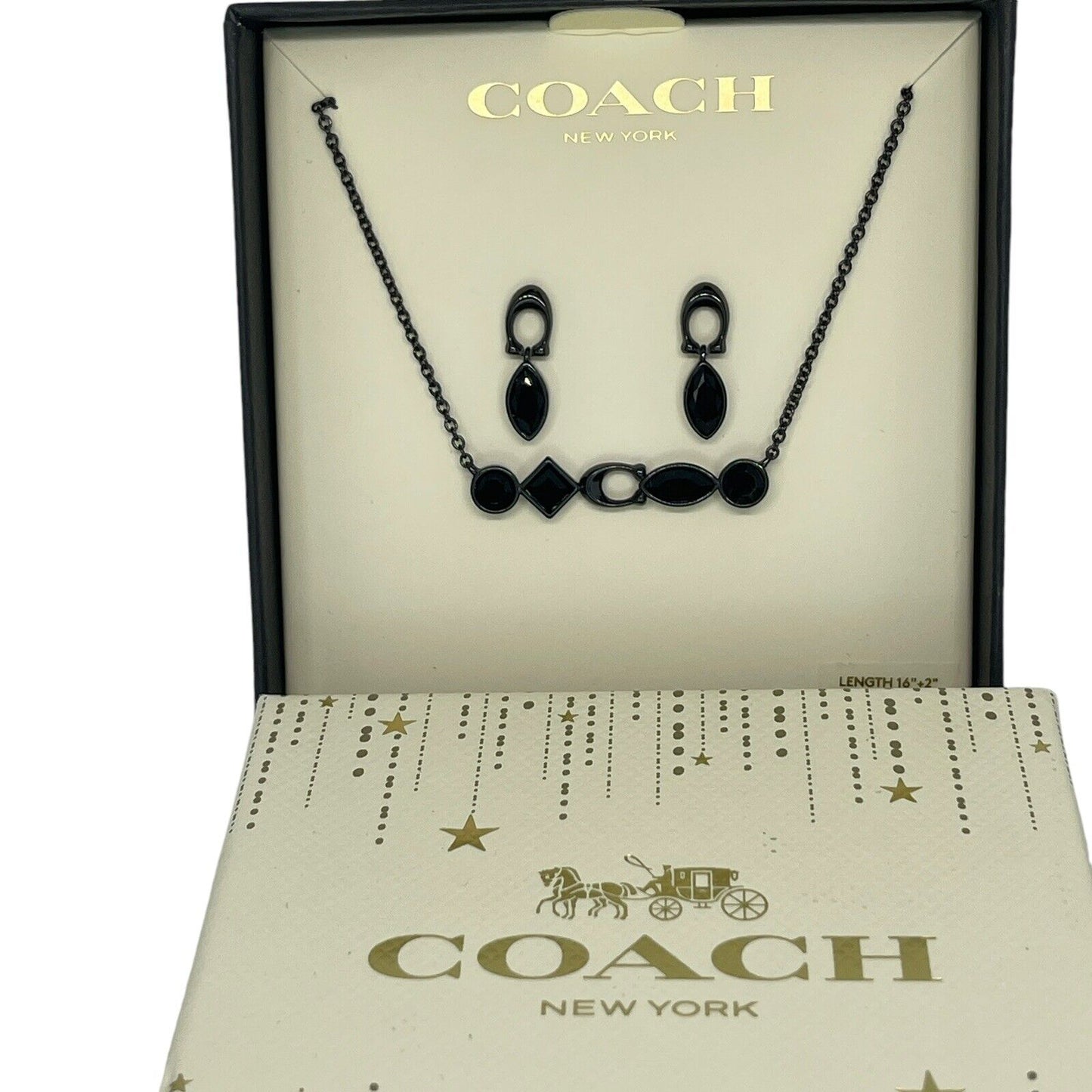 Coach Crystal Necklace Earrings 2pc Set Black Tone Chic Designer Luxury Trendy