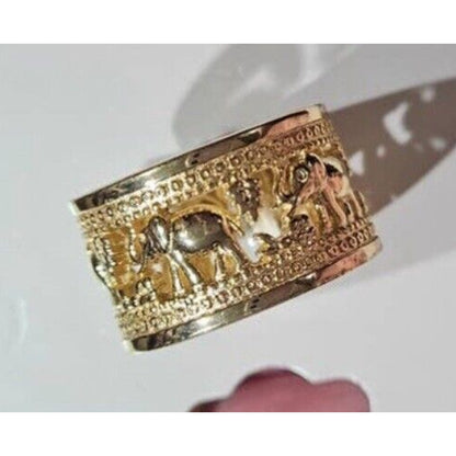 18K Gold Plated Open Work Elephant Wide Ring (Sz 7) Chic Intricate Animals NWT