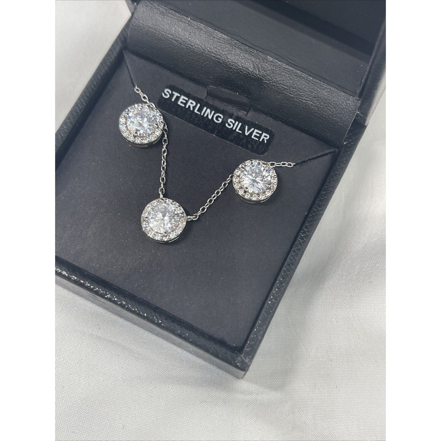 Sterling Silver CZ Halo Necklace Earrings (2pc Set) Stunning Chic Trendy Fashion