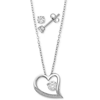 Sterling Silver Heart Charm Necklace Earrings (2pc Set) Solitaire Stud Chic Vday