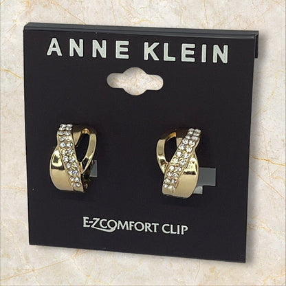 Anne Klein Gold Tone CZ Twist Clip On Earrings EZ Comfort Chic Style Trendy NWT